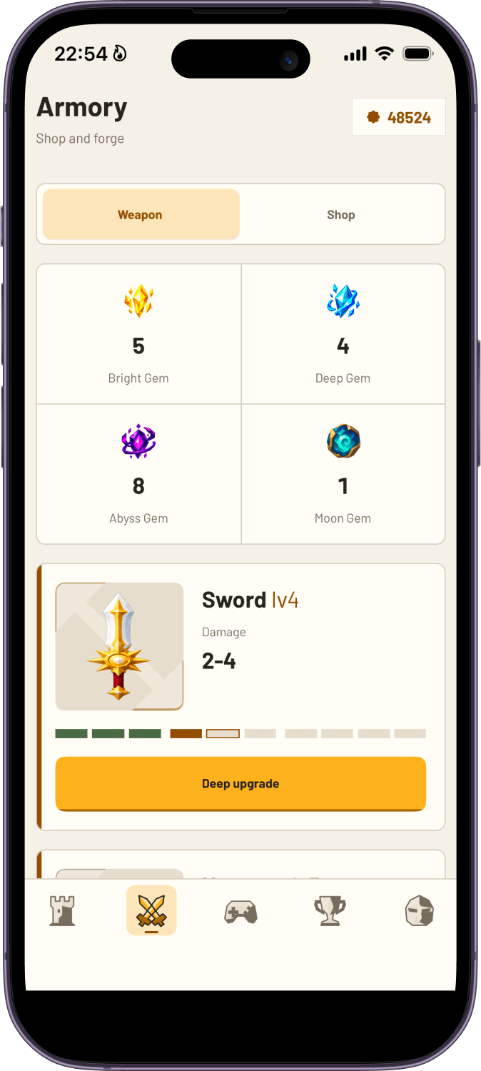 The Armory's Gem inventory and Sword upgrade panel