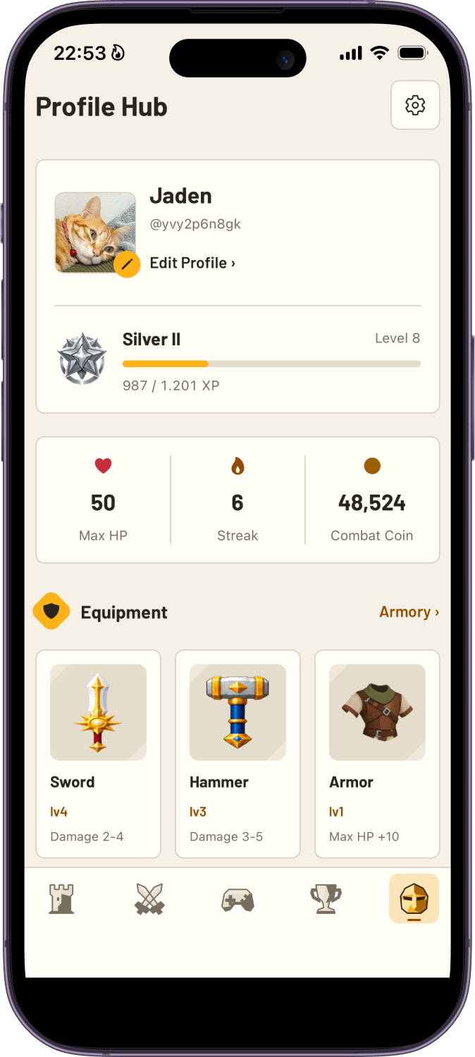Example player profile with rank, XP, maximum HP and equipment